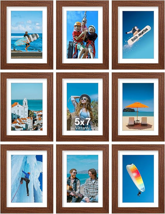 Vittanly 5x7 Picture Frames Set of 9, Display 4x6 Pictures with Mat or 5x7 without Mat, Photo Frames for Wall or Tabletop with Plexiglass, Engineered Wood, Wood Grain Brown