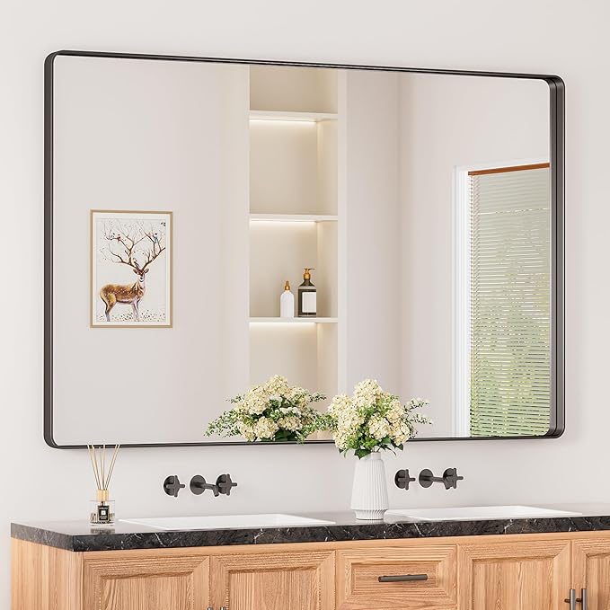 Keonjinn Black Bathroom Mirror for Over Sink, 60 x 40 Inch Large Rounded Rectangle Bathroom Vanity Mirror, Matte Black Sandblasted Finish, HD Tempered Glass, Seamless Metal Frame(Horizontal/Vertical)