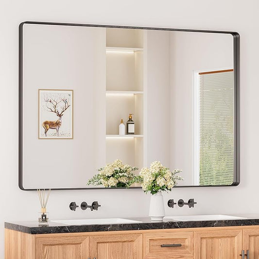 Keonjinn Black Bathroom Mirror for Over Sink, 60 x 40 Inch Large Rounded Rectangle Bathroom Vanity Mirror, Matte Black Sandblasted Finish, HD Tempered Glass, Seamless Metal Frame(Horizontal/Vertical)