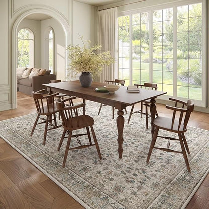Washable 8x10 Area Rugs for Living Room, Boho Non-Slip Vintage Distress Large Rugs for Bedroom Dining Room Nursery Office, 0.3" Neutral Oriental Throw Thin Carpet,Cream/Blue/Orange/Multi,A2