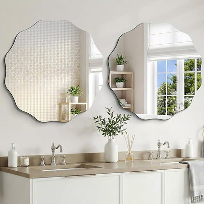 CILIBER Frameless Wavy Round Mirror, 30'' Scalloped Circle Wall Mirror, 3mm Tempered Glass Decorative Bathroom Vanity Mirror, Mounting/Leaning for Mantel, Living Room, Bedroom and Entryway