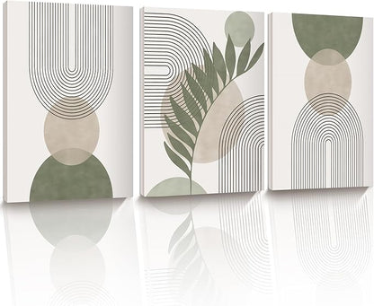 30x40CM Sage Green Boho Wall Art,Framed Canvas Bathroom Wall Art Pictures, Mid-Century Modern Wood Framed Abstract Prints for Bedroom,Minimalist Office Wall Decor 3Pack