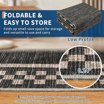 GarveeHome Washable Area Rugs 8x10 Non Slip Soft Large Living Room Rug Modern Checkered Bedroom Rug Soft Geometric Bordered Throw Carpet for Dining Room Home Decor Office Nursery, Black