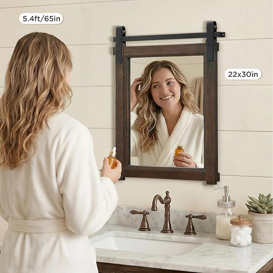 Besdomus Rustic Bathroom Wall Mirror: 22"x30" Brown Barn Door Solid Cedar Wood Frame Vanity Mirror - Farmhouse Decor for Hallway/Living Room/Bathroom Renovation - Wall Decor for Fashion-Conscious