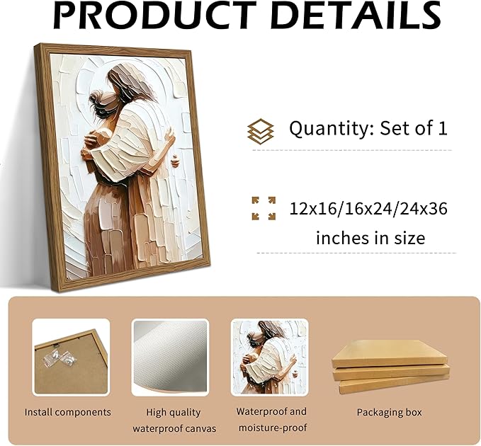 Wood Framed Jesus Embracing Woman Canvas Wall Art, Safe in His Arms Pictures Canvas Print Posters Wall Decor, Christian Wall Art Home Decor for Living & Prayer Room 24x36 inch