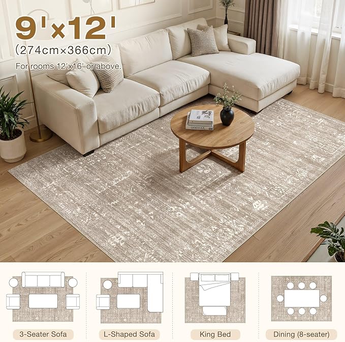 Area Rug for Living Room - 9x12 Soft Washable Oriental Vintage Floral Distressed Large Carpet - Fade Stain Resistant Non Slip Rugs for Bedroom Dining Room Nursery Dorm Office Home Decor - Camel