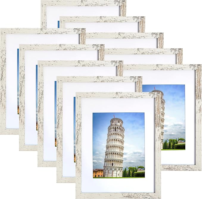 SESEAT 8x10 Picture Frame Set of 10, Display Pictures 5x7 with Mat or 8x10 Prints without Mat, Wall Mounting or Tabletop, Distressed White