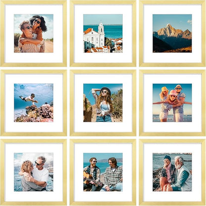 Vittanly 12x12 Picture Frames Set of 9, Shatter Resistant Plexiglass, Display 8x8 Pictures with Mat or 12x12 without Mat, Photo Frames for Wall Mount, Engineered Wood, Gold