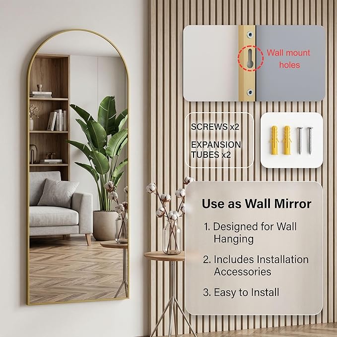 58"x20" Arched Full Length Door Mirror, Over-the-Door Hanging, Floor Standing, Wall Mounted or Leaning, Metal Frame Body Mirror for Bedroom, Living Room, Closet, Dorm, Gold