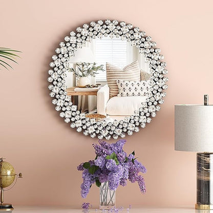 SHYFOY 18" Round Mirrors for Wall Decor Crystal Decorative Mirrors Jeweled Accent Mirror for Living Room Silver Modern Mirror for Entryway Hallway