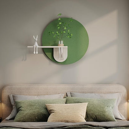3D Sage Green Round Wall Art Decor with Shelf, Minimalist Green Sandstone Textured Artwork for Walls, Aesthetic Circle Wall Decor for Living Room, Hallway, Dining Room, Bedroom, Office, 24x24 Inch