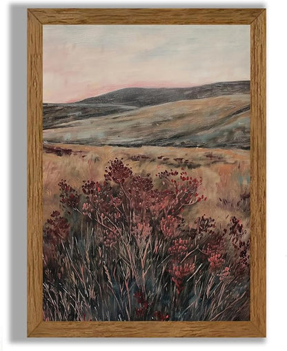 JLTULT Framed Vintage Landscape Canvas Wall Art, Maroon Flower Scenery Paintings Wall Decor, Maroon Dark Wildflower Picture Art Prints for Living Room Bedroom Office Decoration 16x24 inch Easy to Hang