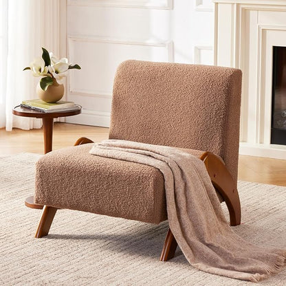 Oversized Accent Chair, upholstered armless mid Century Modern Living Room Chair with Wooden Legs for Bedroom/Office/Cafe, Sherpa Brown