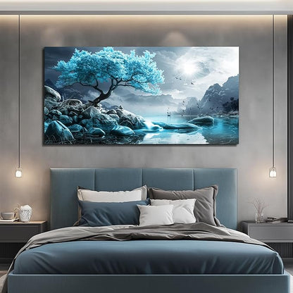 KELIYUAN Canvas Wall Art For Living Room Large Wall Decor For Bedroom Blue Tree Landscape Painting Black And White Wall Pictures Artwork Office Works Frame Canvas Art Modern Home Decoration 24x48in