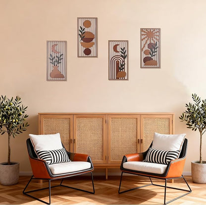 Orange Boho Wall Art Set of 4, Abstract Geometric Wooden Terracotta Wall Decor, Mid-Century Modern Aesthetic Artwork with Arch, Vase & Botanical Design for Modern Home Decor for Bedroom, Office & Living Room(B)