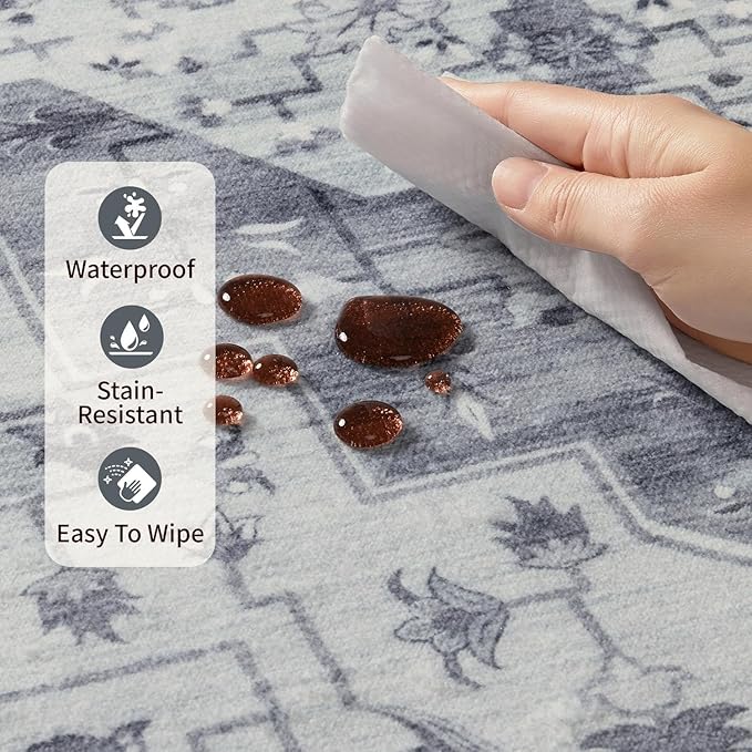 Rugxara 5X7 Washable Area Rug for Living Room, Vintage Large Boho Rugs for Office, Dining Room, Kids Room, Farmhouse, Durable Low Pile Non Slip Carpet for High Traffic Areas, Blue Quartz
