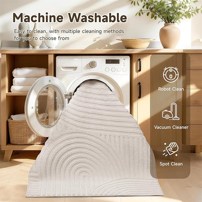 Pauwer 4ft Washable Area Rugs for Living Room Modern Beige Solid Color Soft Fluffy Rugs for Bedroom Non Slip Boho Accent Indoor Mat Floor Carpet Cover for Kids Dining Room Kitchen Office