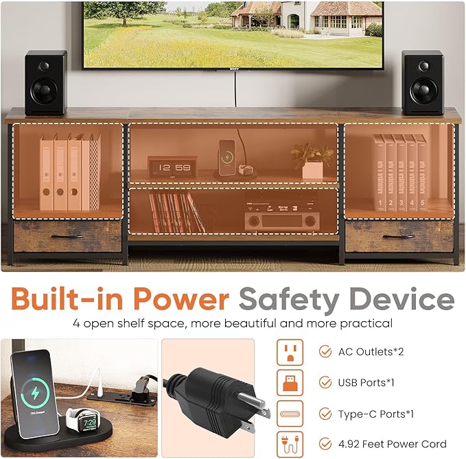 DUMOS 63 inch TV Stand, Entertainment Center with Charging Station (2AC+USB+Type-C), Media Console Table with Storage Drawers & Open Shelves, Heavy Duty Frame for Living Room, Rustic Brown