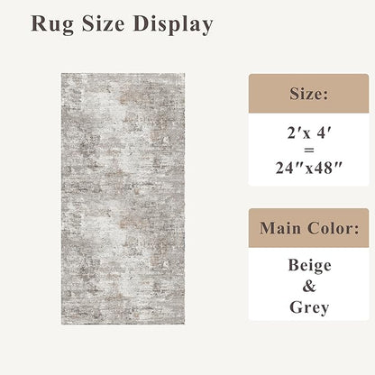 2x4 Washable Entryway Area Rug - Non-Slip Modern Small Indoor Mat for Bathroom,Living Room,Bedroom - Abstract Neutral Soft Low-Pile Throw Carpet with Rubber Backing (Beige Grey)