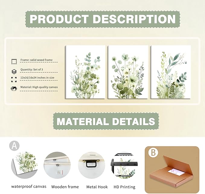 Boho Floral Canvas Wall Art Set of 3, Sage Green Wildflower Botanical Wall Decor Painting, Minimalist Watercolor Flowers Posters Prints for Bedroom Bathroom Living Room 12x16 In Framed