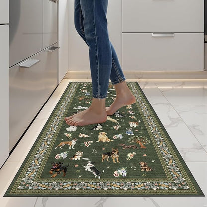 Dog Rug Runner for Entryway, 2x5 Washable Kitchen Mat Ultra-Thin Soft, Non-Slip Indoor Door Carpet Stain Resistant Boho Small Low-Pile Throw for Bathroom Bedroom, Dark Green