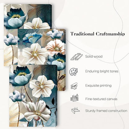 SERIMINO 3 Piece Lotus Flower Canvas Wall Art for Living Room, Blue Floral Picture Wall Decor for Dining Room Bedroom, Art Print Painting for Home Decorations 12"X16"