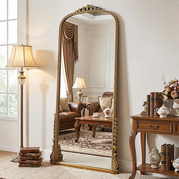 Antok Floor Mirror, 71"×32" Vintage Full Length Mirror Carved Full Body Mirror with Stand, Hanging Mounted for Bedroom Living Room Cloakroom,Gold,Luxury Style