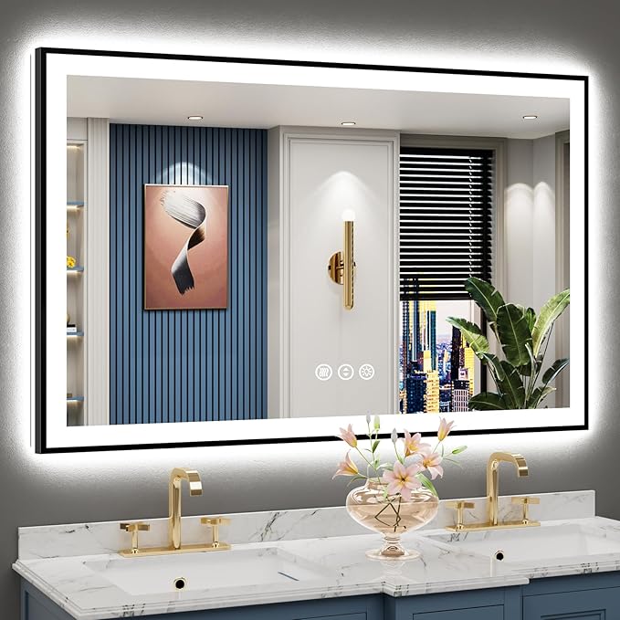 50x32 Black Framed LED Bathroom Mirror with Lights, Backlit and Front Lit Anti-Fog Lighted Vanity Mirrors for Bathroom Wall, Dimmable, 3 Colors, Memory, HD Tempered Glass, Horizontal/Vertical