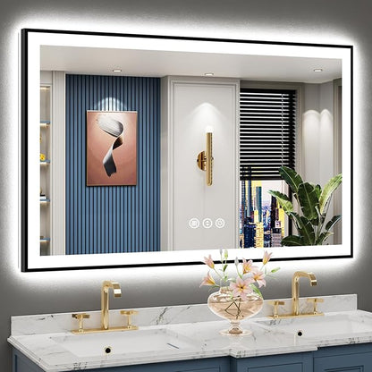 50x32 Black Framed LED Bathroom Mirror with Lights, Backlit and Front Lit Anti-Fog Lighted Vanity Mirrors for Bathroom Wall, Dimmable, 3 Colors, Memory, HD Tempered Glass, Horizontal/Vertical