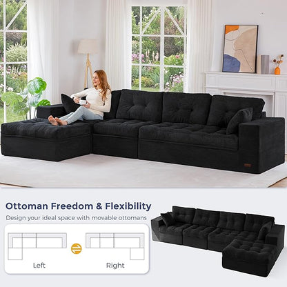 MAXYOYO 132" L Shaped Modular Sectional Sofa with Ottoman, Cloud Boneless Couch with Layered Cushion, Upholstered Sofa in a Box, Flexible Module Combination for Living Room, No Assembly, Black