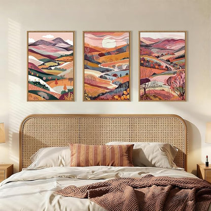 KAIRNE Boho Colorful Mountain Framed Canvas Wall Art Set,Abstract Pink Landscape Wall Decor,Watercolor Forest Art Prints,Nature Scenery Artwork for Living Room,Bedroom,Farmhouse,Office-16 x24 x3
