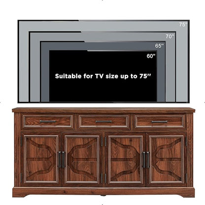 JXQTLINGMU TV Stand for TVs Up to 75", 66" Wide Entertainment Center with 4 Door & 3 Drawers, Media Console Table for Living Room, Brown