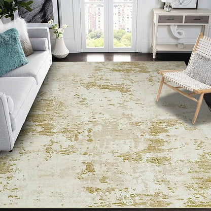 ROYHOME Modern Abstract Area Rug 9x12 Non Slip Non Shedding Rug Low Pile Stain Resistant for Bedroom Living Room,Golden Grey