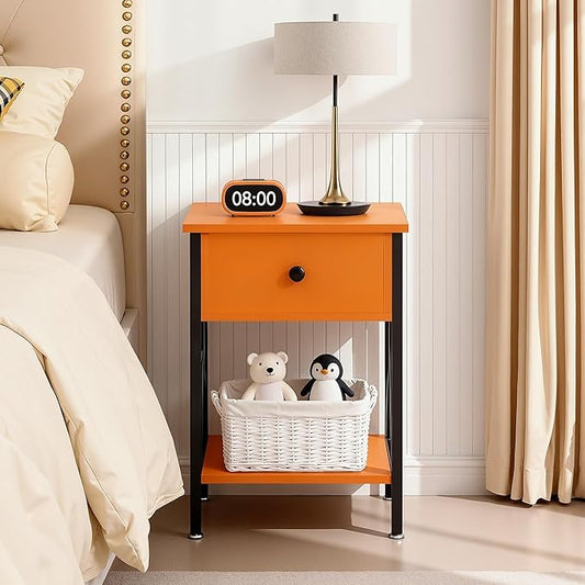 VECELO Nightstand,Modern Bedside End Table, Night Stand with Drawer and Storage Shelf for Living Room Bedroom, Industrial Metal Frame