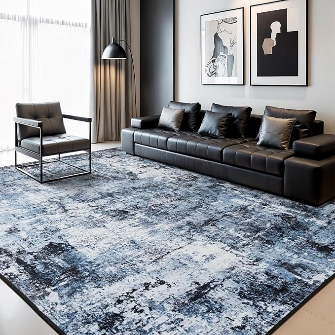 Rugflix 7x9 Area Rugs for Living Room, Washable Large Rug Stain-Resistant Low Pile, Modern Dark Carpet for Dining Room Home Office Kid Room Nursery Bedroom, Navy Blue/Black