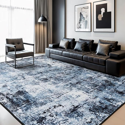Rugflix 7x9 Area Rugs for Living Room, Washable Large Rug Stain-Resistant Low Pile, Modern Dark Carpet for Dining Room Home Office Kid Room Nursery Bedroom, Navy Blue/Black