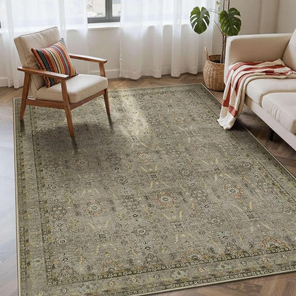 Rugxara 4x6 Rug for Living Room Bedroom, Washable Throw Rugs, Vintage Retro Boho Area Rugs, Non Slip & Low Pile Accent Throw Carpet for Indoor Dining Room, Kids Room and Office(Olive Brown 4x6ft)