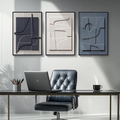 3D Textured Framed Blue and White Abstract Wall Art, 3 Piece Modern Artwork for Walls, Minimalist Navy Blue Geometric Wall Paintings for Living Room, Bedroom, Dining Room, Office Wall Decor 16x24 In