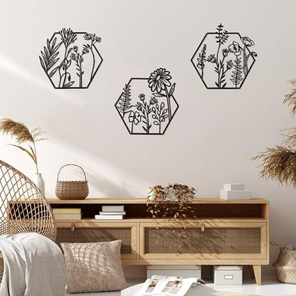 Peryiter 3 Pcs Metal Flower Wall Decor Minimalist Floral Wall Hanging Decor Metal Flower Rustic Floral Art for Spring Living Room Bathroom Kitchen Indoor Outdoor(Black)