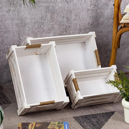 TIMRIS Set of 3 Rustic Wood Nesting Crates, Farmhouse Wooden Storage Container Boxes with Cutout Handles, Decorative Wooden Baskets for Display (Whitewash)