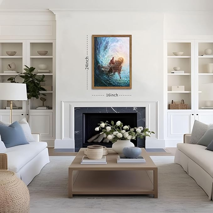Wood Framed Jesus Christian Wall Art, Hand of God Canvas Paintings Posters Prints, Christ Religion Bible Jesus Salvation Wall Decor for Church Study Prayer Room Home Decoration 16x24 in