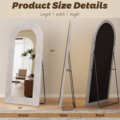 Antok Full Length Mirror with Solid Wood Frame, 81"×41" Wall Mounted Oversized Floor Mirror with Stand, Leaning Standing Hanging for Bedroom Living Room Entryway, White, Arched Syle