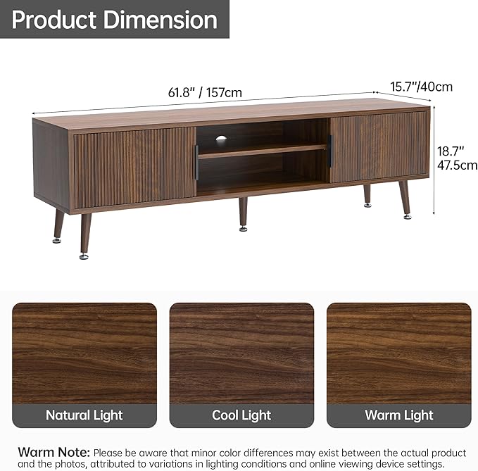 Airynee Mid Century TV Stand, Modern TV Console for TVs up to 70 Inches, Entertainment Center with Storage, TV and Media Consol, 62 Inch (Walnut)