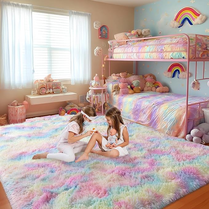 qulint 5x7 Fluffy Area Rug for Bedroom, Fuzzy Soft Kids Rug for Girl Plush Rainbow Living Room Carpet Shaggy Carpets for Dorm Classroom Nursery Home Decor Aesthetic (5ft x 7ft, Rainbow)