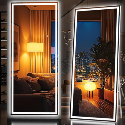 Hasipu Full Length Mirror with Lights, 75" x 28" LED Lighted Floor Standing, Full Body Dressing Hanging Mounted Mirror, Tempered Glass, Square White