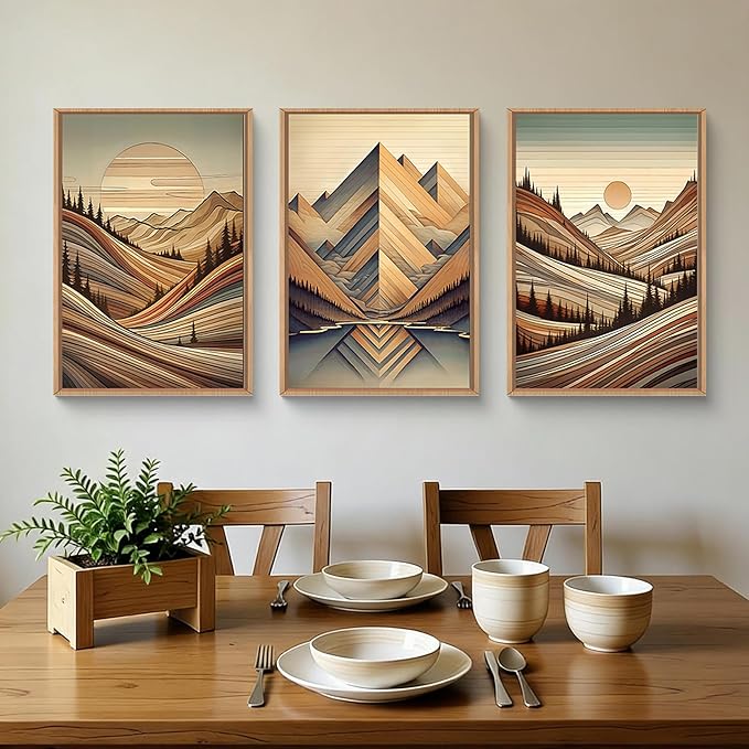 Aryroi Vintage Woodcut Style Mountain Framed Canvas Wall Art Set,Mid Century Nature Woodland Pine Tree Wall Decor,Modern Boho Brown Sunrise Forest Artwork for Living Room,Bedroom,Office- 16"x24"x3