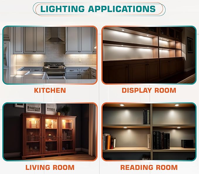 Under Cabinet Puck Lighting Kit, Atmosphere Ambiance Lighting, Dimmable Wireless RF LED Remote Control, Daisy Chain Linable, AC120V to DC12V, Hardwired or Wall Plug, 6 Lights, Daylight