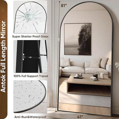 Antok Oversized Full Length Mirror with Stand, 81"x41" Arched Floor Mirror, Aluminum Frame, Wall Mounted/Leaning/Free Standing, Large Body Mirror for Bedroom Living Room Entryway Dressing Room,Black