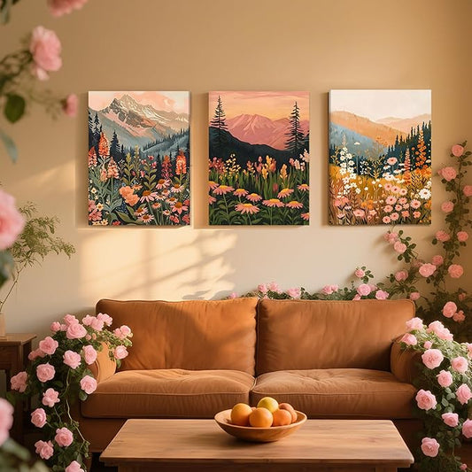 ICHZUMW Boho Mountain Wall Decor, Colorful Nature Abstract Landscapes Wildflower Canvas Wall Art, Daisy Painting Artwork for Living Room Bedroom Office, Wrapped Canvas, Ready to Hang, 12x16in 3Pcs