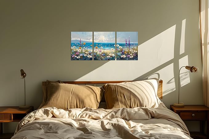 TutuBeer 3 Pcs Boho Beach Coastal Vintage Floral Wall Picture Rustic Wildflower Field Vintage Wall Art Canvas Prints Daisy Flowers Sea Canvas Print Farmhouse Wall Art for Home Wall Decor 16x24inchx3